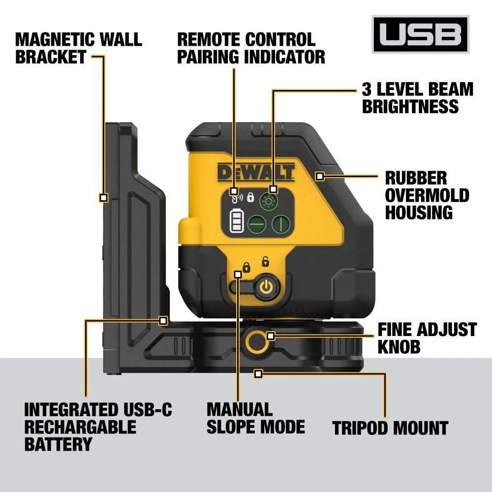 DeWalt DCLE14201GB USB Rechargeable Green Cross Line Laser Base Kit - Image 2