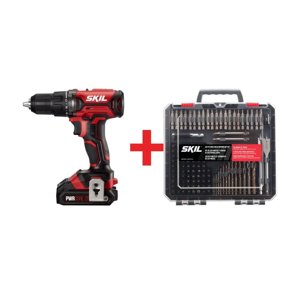 SKIL PWR CORE 20 20V 1/2″ Drill Driver 2.5Ah Kit with 120 Piece Drilling and Screw Driving Kit