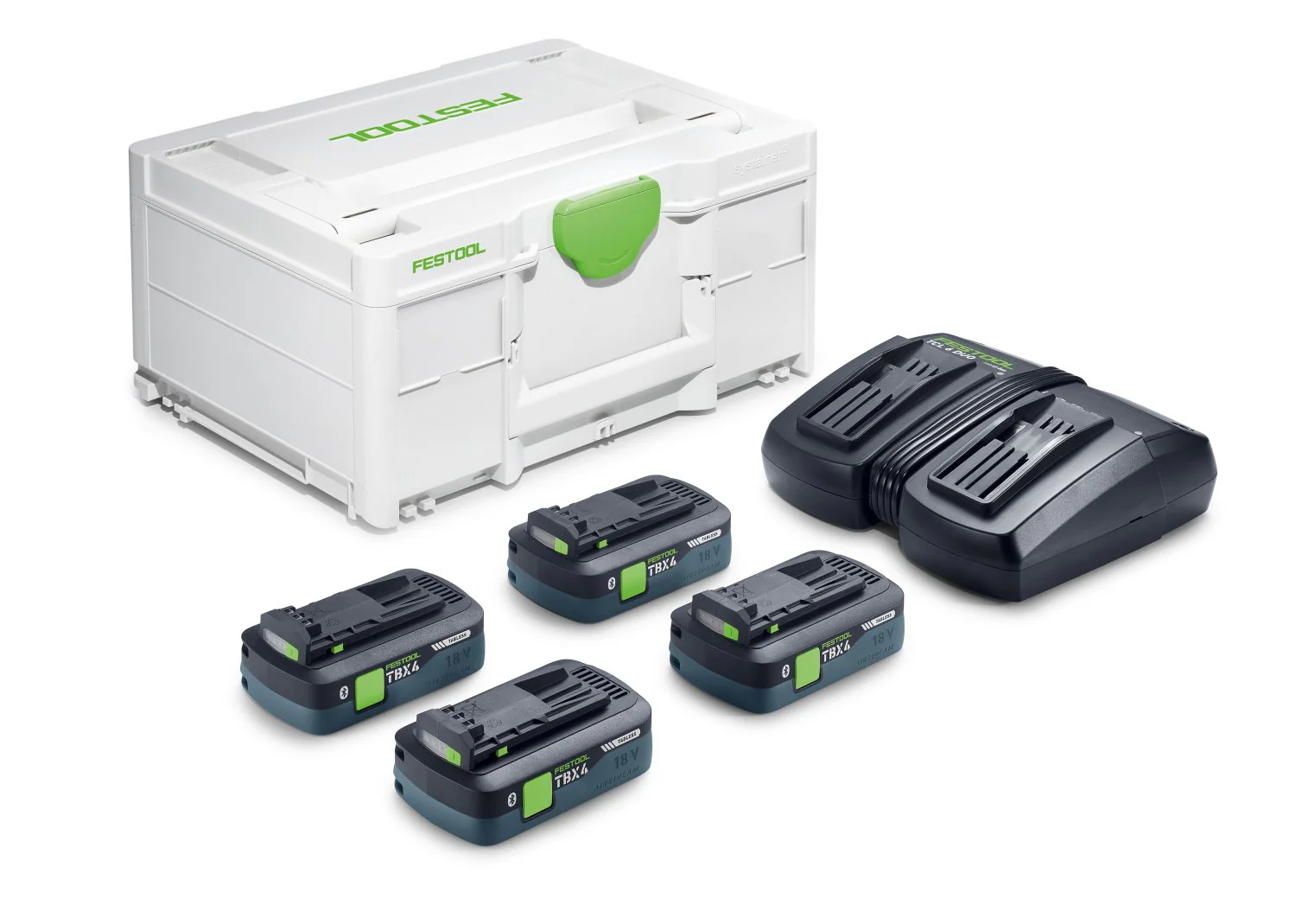 Festool SYS 18V 4.0Ah Tabless Bluetooth Battery 4-Pack and Dual Charger Combo Kit in Systainer (578946) - Image 1