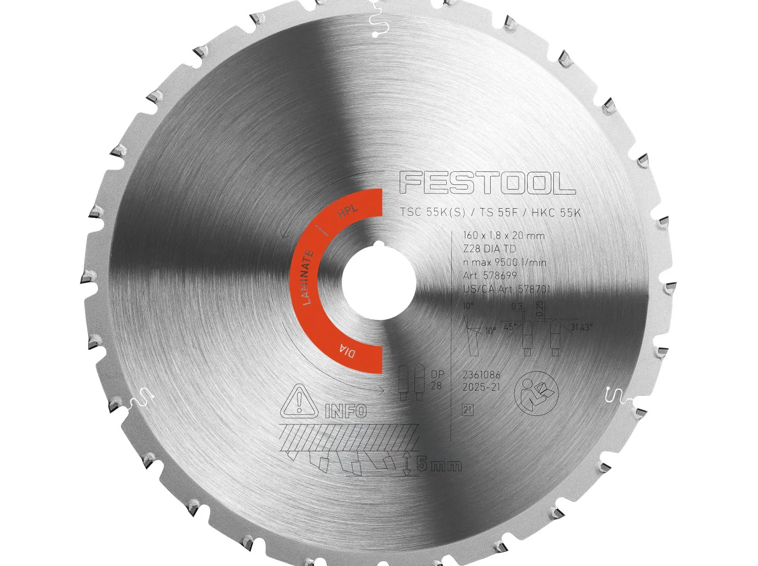 Festool 160mm 28-Tooth Diamond Circular Saw Blade for Laminate - TS 60 / TSV 60 (578701) - Image 1