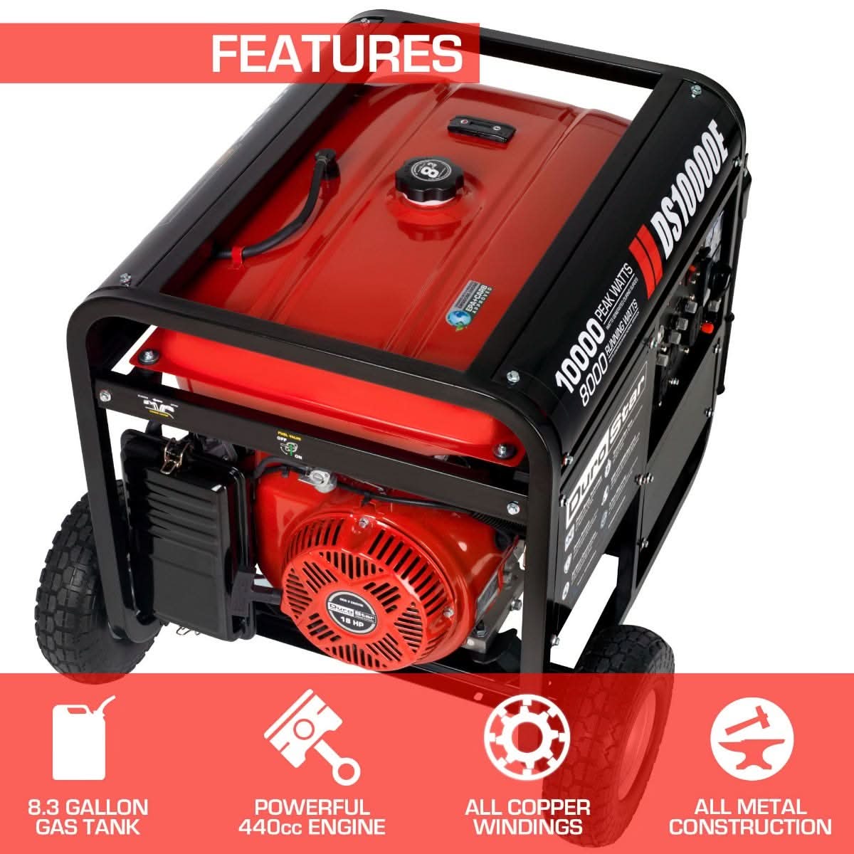 DuroStar DS10000E 10,000-Watt 439cc Gas Generator w/ Electric Start and Wheel Kit - Image 2