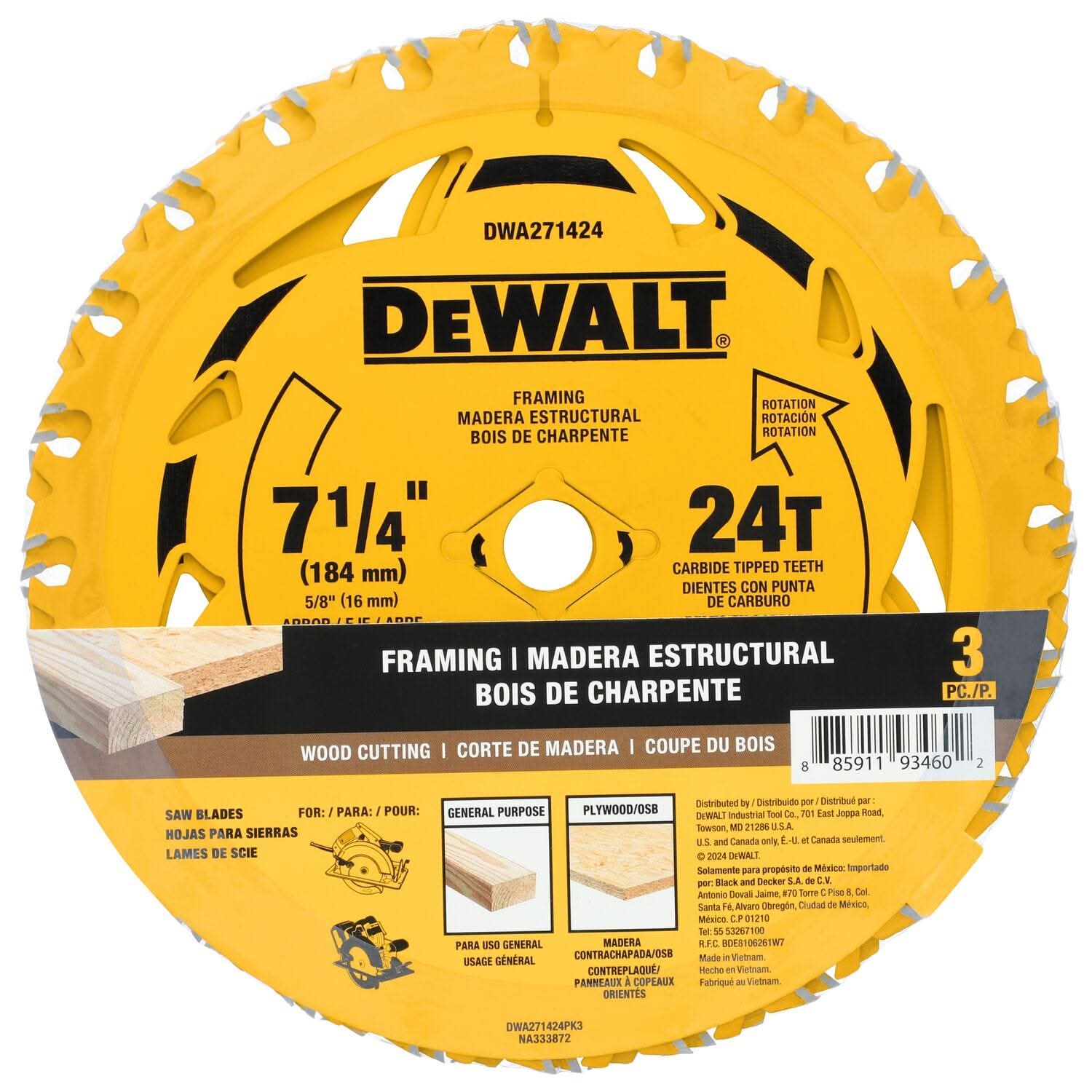 DeWalt DWA271424PK3 7-1/4 in. 24T Carbide-Tipped Framing Saw Blade (3-Pack) - Image 3