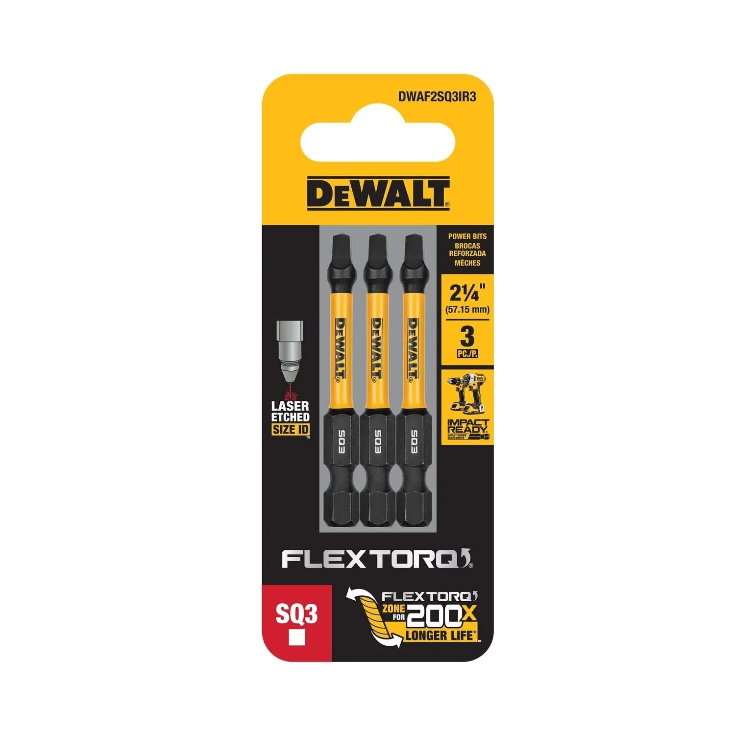 DeWalt DWAF2SQ3IR3 FlexTorq Impact Ready Screwdriving Bit, SQ3, 2-1/4 in. (3-Pack)