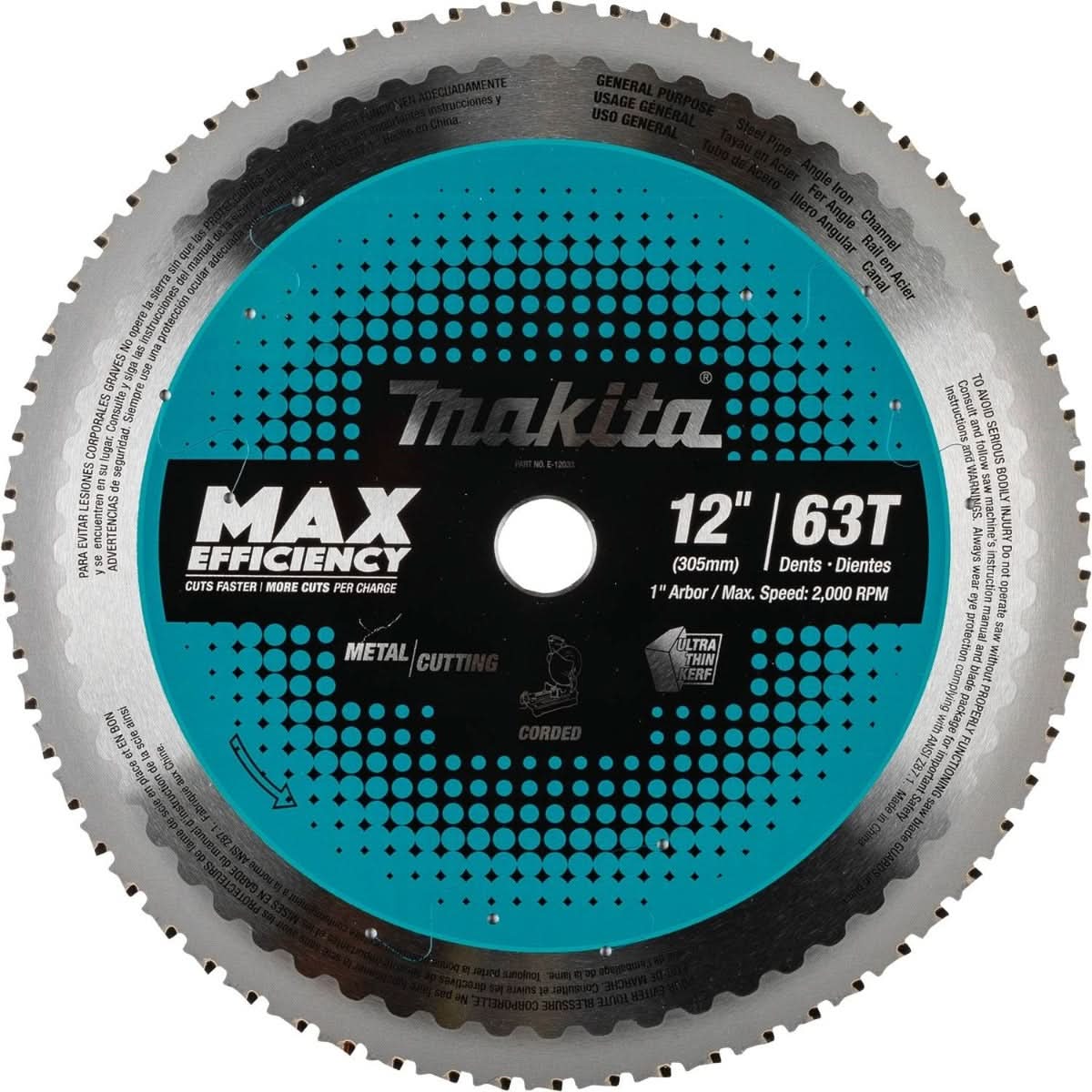 Makita E-12033 12″ 63T Carbide-Tipped Max Efficiency Saw Blade, Metal/General Purpose