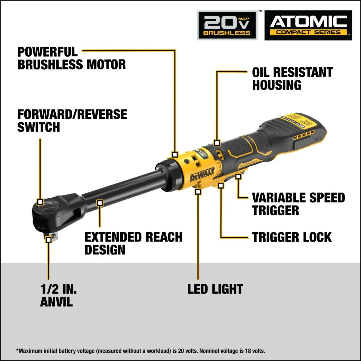 DeWALT DCF512EB 20V MAX ATOMIC Brushless 1/2-in. Extended Reach Ratchet 3.5.Ah POWERSTACK Kit - Image 2