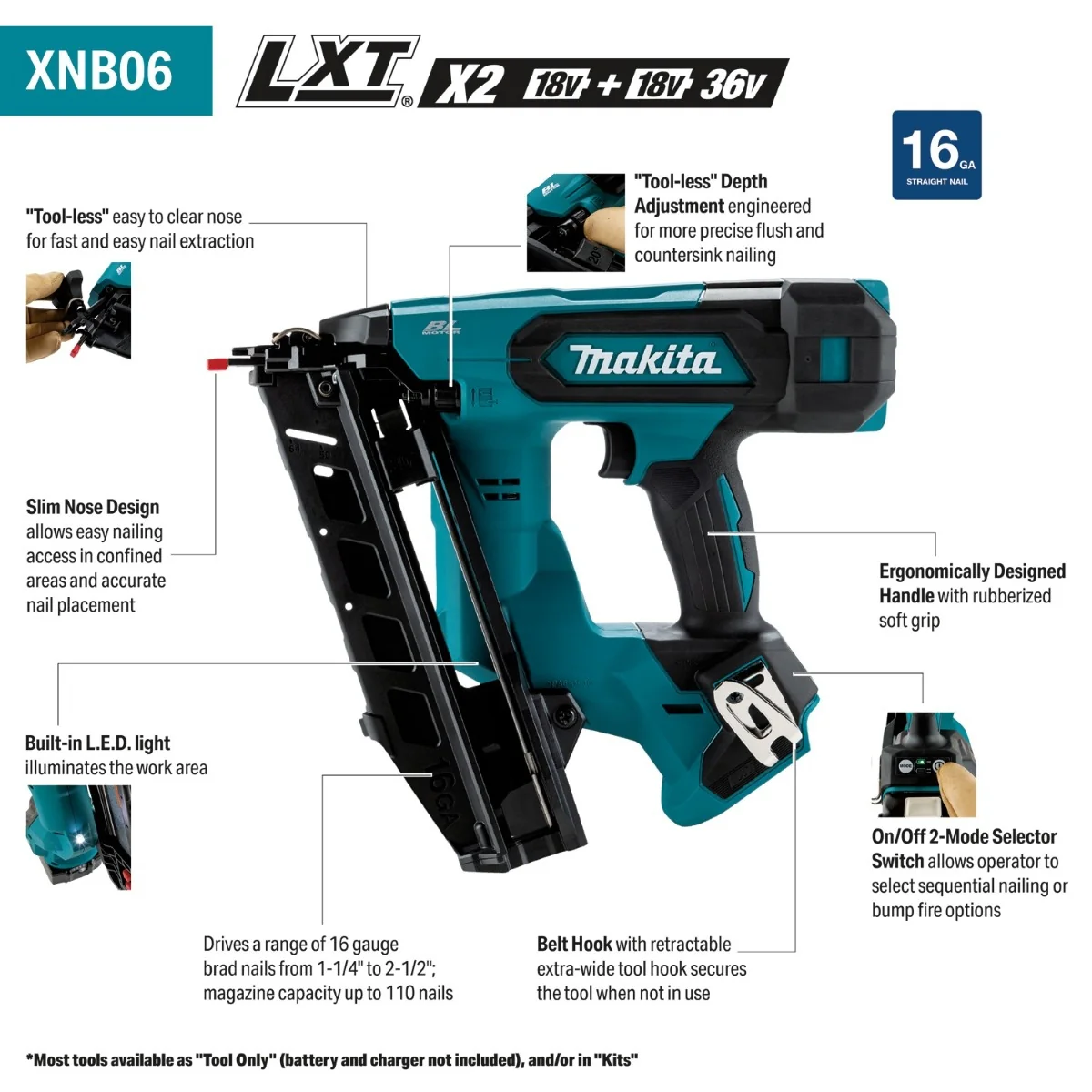 Makita XNB06Z 18V LXT Brushless Cordless 2-1/2-in. Angled 16-Gauge Finish Nailer, Tool Only - Image 2
