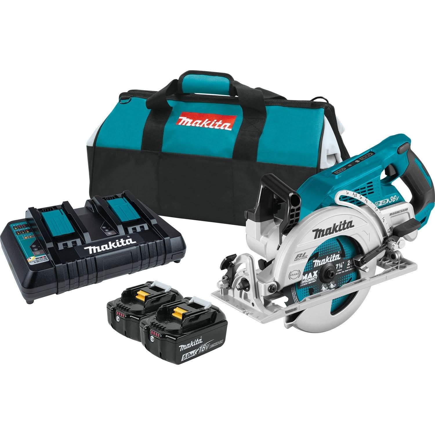 Makita 18V LXT X2 (36V) Rear Handle Circular Saw 5.0Ah Kit with Cordless Cut-Off/Angle Grinder 4-Pack Batteries - Image 2