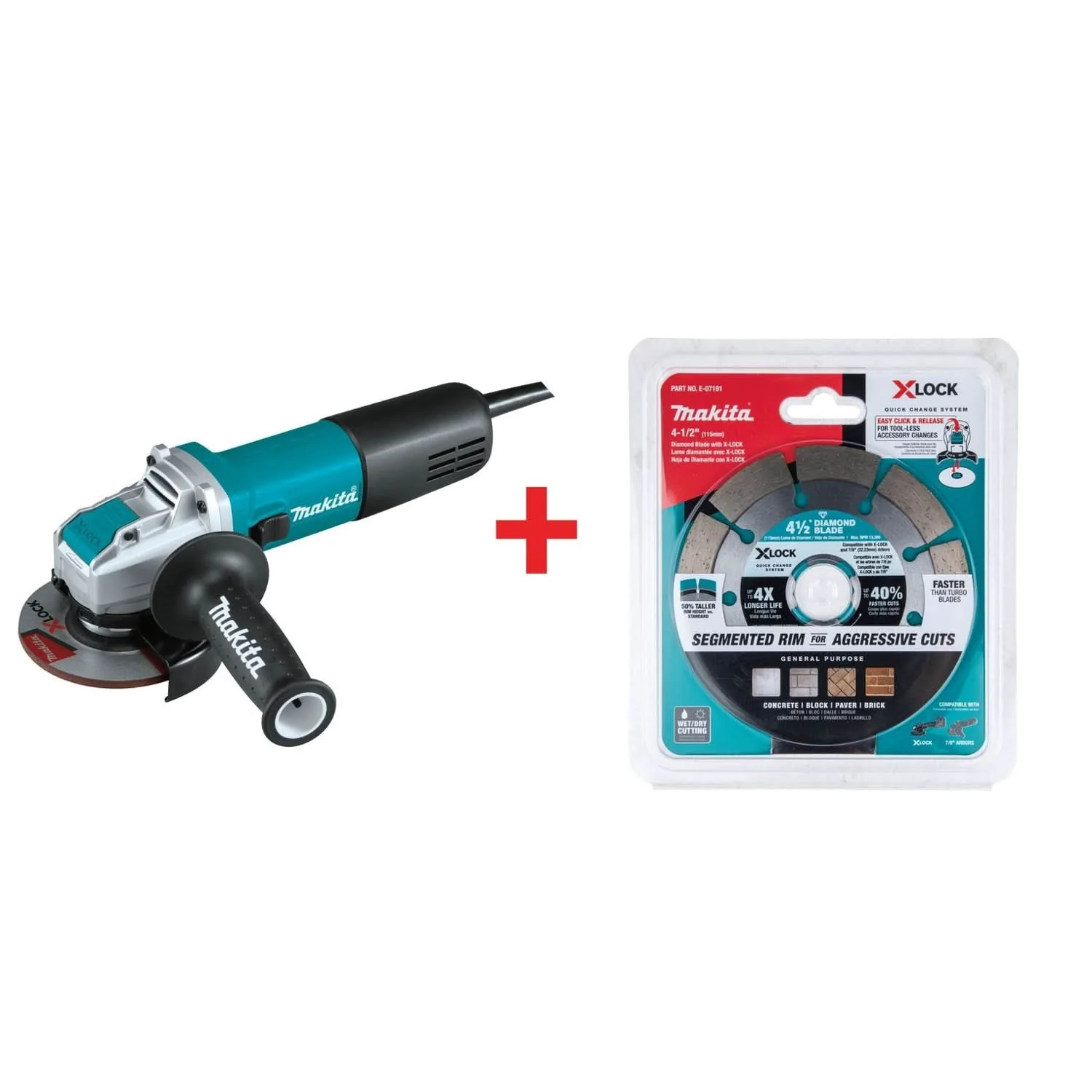 Makita 4-1/2 in. X-LOCK Angle Grinder, with AC/DC Switch and Segmented Diamond Blade - Image 1