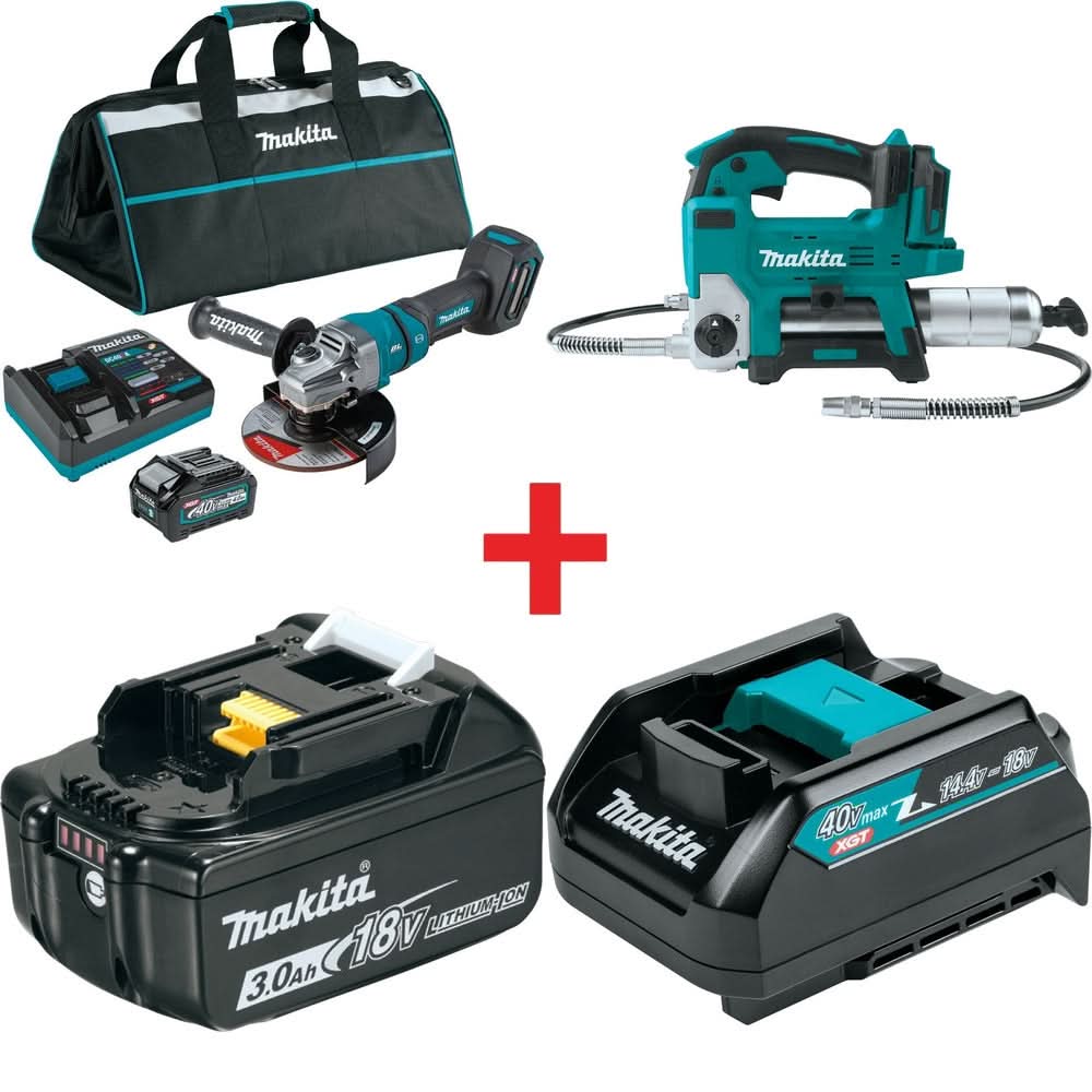 Makita 40V max XGT Brushless 4-1/2" / 6" Paddle Switch Angle Grinder Kit, with Electric Brake (4.0Ah) with 18V LXT Lithium-Ion Grease Gun Kit (3.0Ah) - Image 1