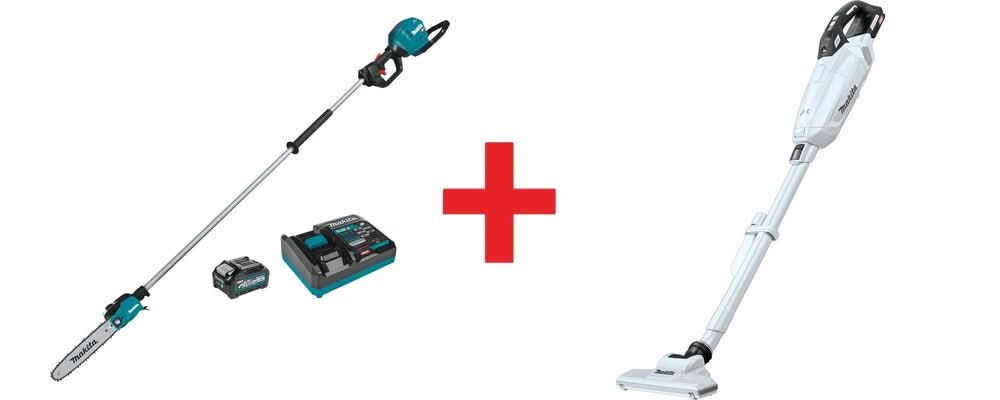 Makita 40V max XGT Brushless 10" Pole Saw Kit, 8' Length (4.0Ah) and 4-Speed Compact Stick Vacuum Kit - Image 1