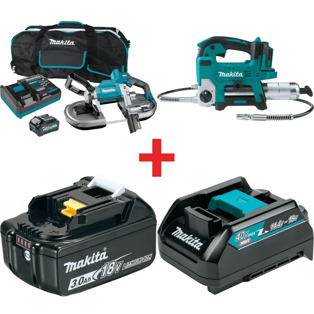 Makita 40V max XGT Brushless Deep Cut Portable Band Saw Kit (4.0Ah) with 18V LXT Lithium-Ion Grease Gun Kit (3.0Ah) - Image 1