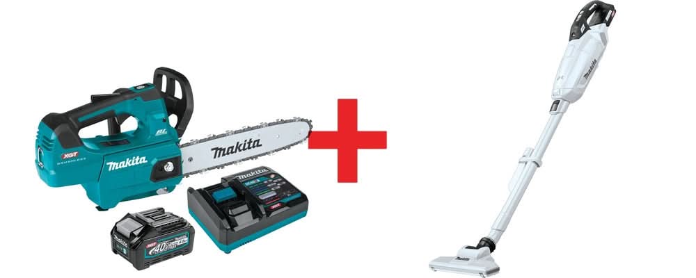 Makita 40V max XGT Brushless 12" Top Handle Chain Saw Kit (4.0Ah) with 4-Speed Compact Stick Vacuum - Image 1