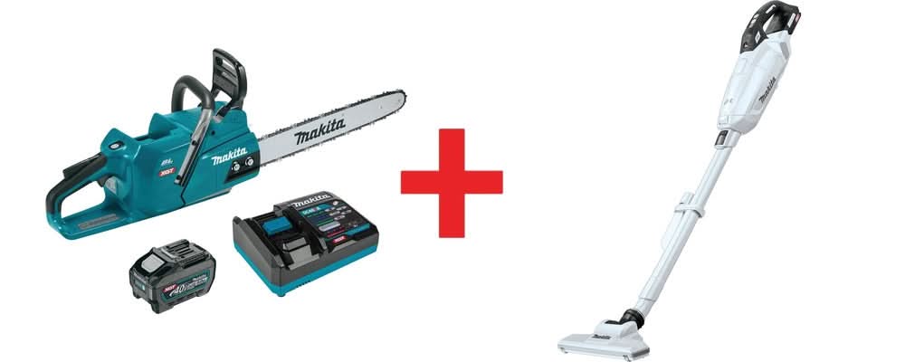 Makita 40V max XGT Brushless 18" Chain Saw Kit (5.0Ah) with 4-Speed Compact Stick Vacuum - Image 1