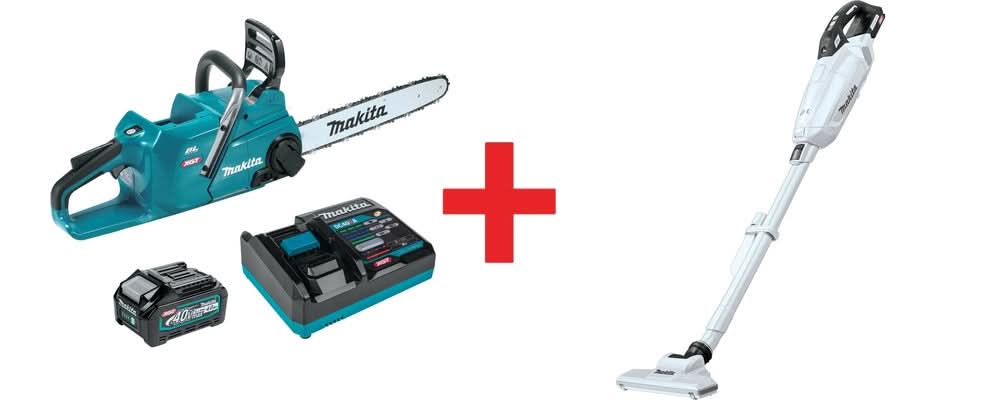 Makita 40V max XGT Brushless 16" Chain Saw Kit (4.0Ah) with 4-Speed Compact Stick Vacuum - Image 1