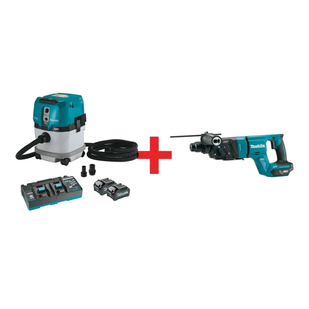 Makita 40V max XGT Brushless 4 Gal. HEPA Dry Dust Extractor Kit AWS Capable (4.0Ah) w/ 40V max XGT Brushless 1-1/8" SDS-PLUS AVT Rotary Hammer - Image 1