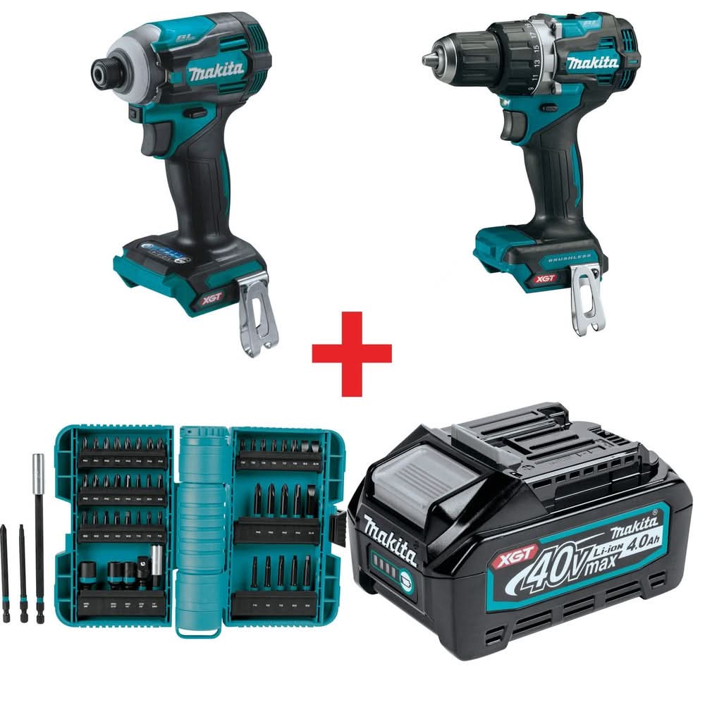 Makita 40V max XGT Brushless Cordless 4-Speed Impact Driver, 40V max XGT Compact Brushless Cordless 1/2-Inch Driver-Drill, ImpactX 50-Piece Driver Bit Set and 40V max XGT 4.0Ah Battery - Image 1