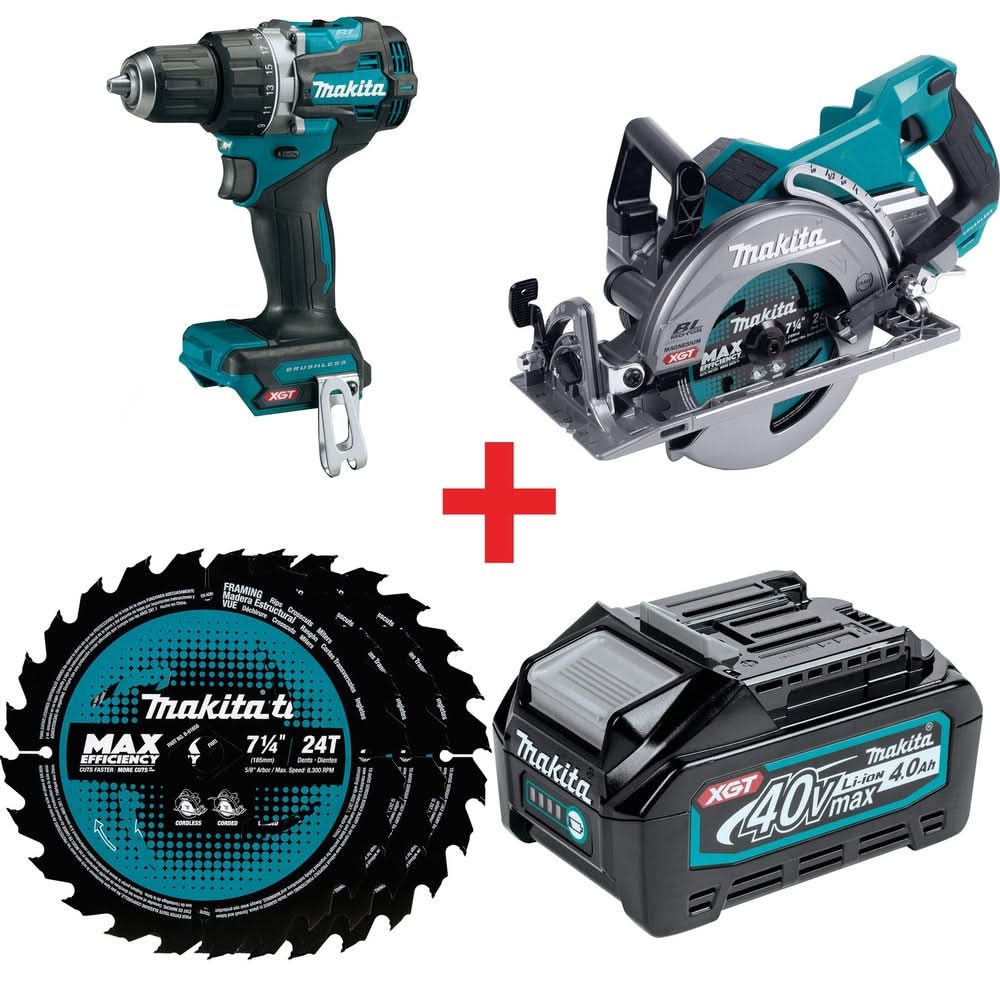 Makita 40V max XGT Brushless 1/2-Inch Driver-Drill, Brushless 7-1/4 Circular Saw, 24T Framing Blades 3-Pack and 4.0Ah Battery - Image 1