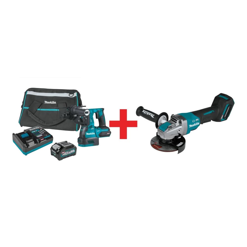 Makita 40V max XGT Brushless Cordless 1-1/8-Inch AVT Rotary SDS-PLUS Hammer 4.0Ah Kit, and 5" X-LOCK Paddle Switch Angle Grinder (Bare Tool) - Image 1