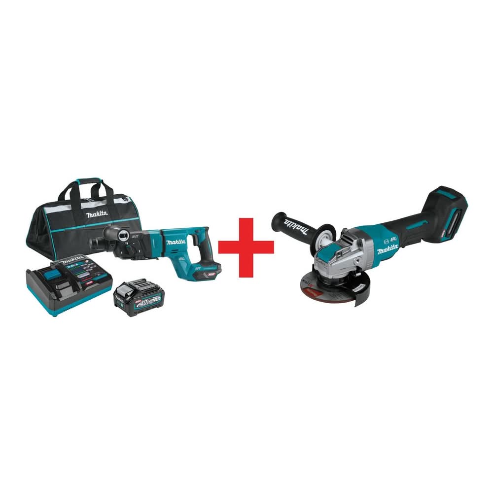 Makita 40V max XGT Brushless Cordless 1-1/8 in. AVT Rotary Hammer (D-Handle) 4.0Ah Kit, and 5" X-LOCK Paddle Switch Angle Grinder (Bare Tool) - Image 1