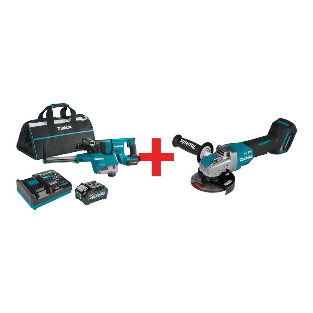 Makita 40V max XGT Brushless Cordless 1-1/8 in. AVT Rotary Hammer (D-Handle) 4.0Ah Kit w/Dust Extractor, and 5" X-LOCK Paddle Switch Angle Grinder (Bare Tool) - Image 1