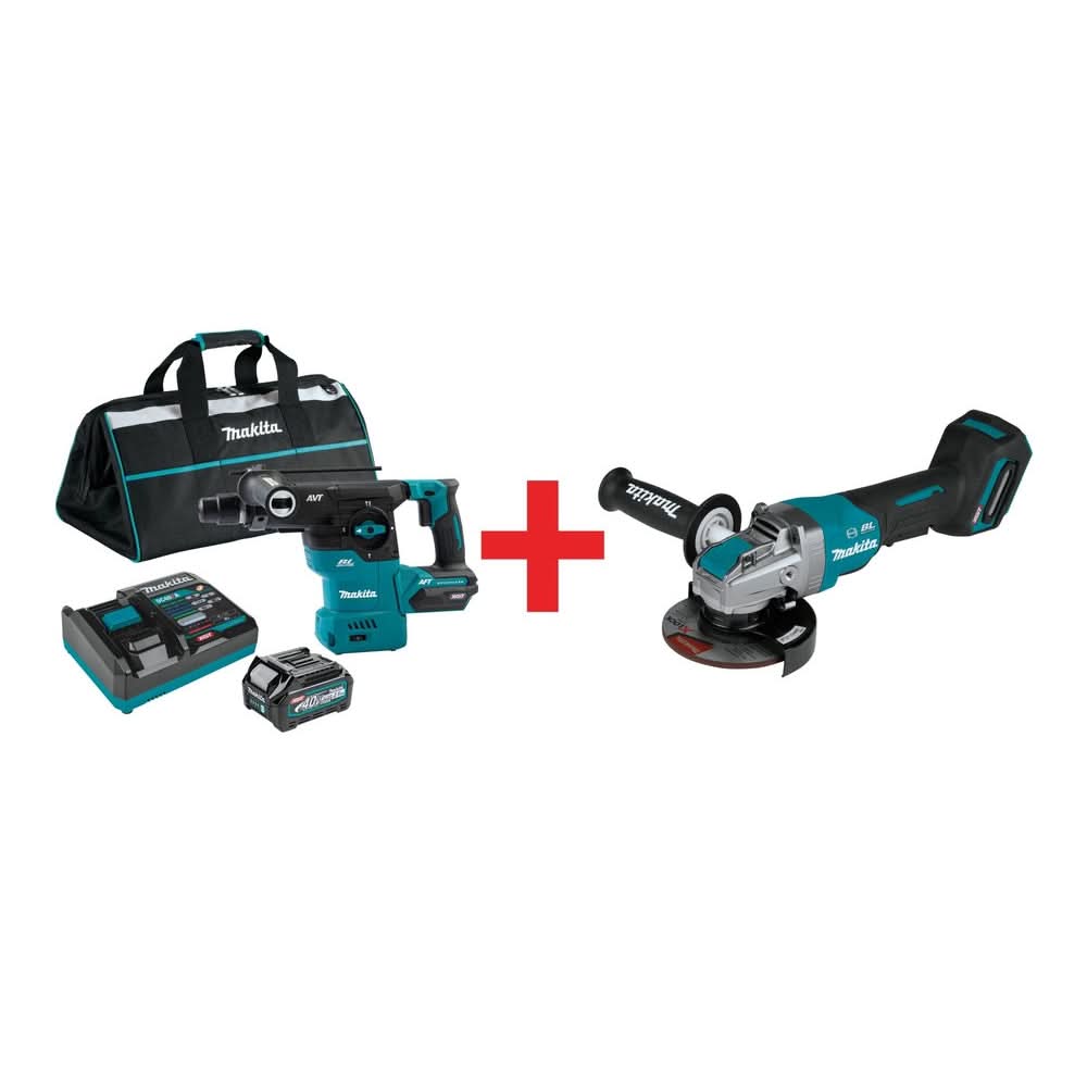 Makita 40V MAX XGT Brushless Cordless 1-3/16" SDS-Plus AVT Rotary Hammer 4.0Ah Kit, and 5" X-LOCK Paddle Switch Angle Grinder (Bare Tool) - Image 1