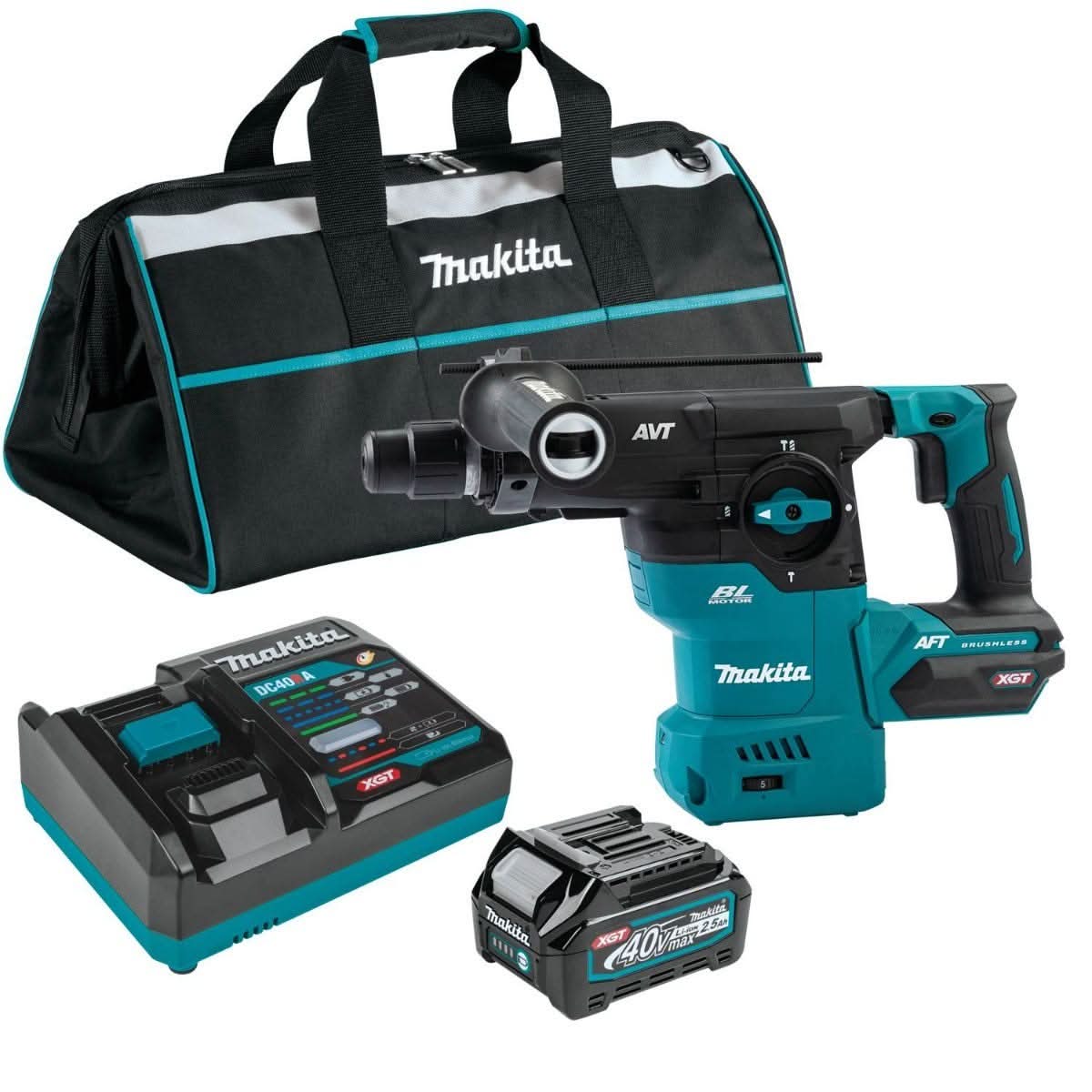 Makita 40V MAX XGT Brushless Cordless 1-3/16" SDS-Plus AVT Rotary Hammer 4.0Ah Kit, and 5" X-LOCK Paddle Switch Angle Grinder (Bare Tool) - Image 2