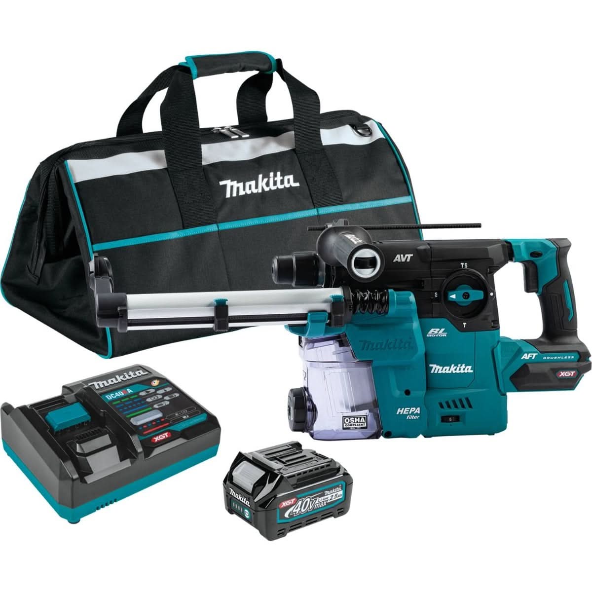 Makita GRH08M1W 40V max XGT Brushless Cordless 1-3/16″ SDS-PLUS AVT Rotary Hammer Kit w/Dust Extractor, AFT, AWS Capable (4.0Ah)