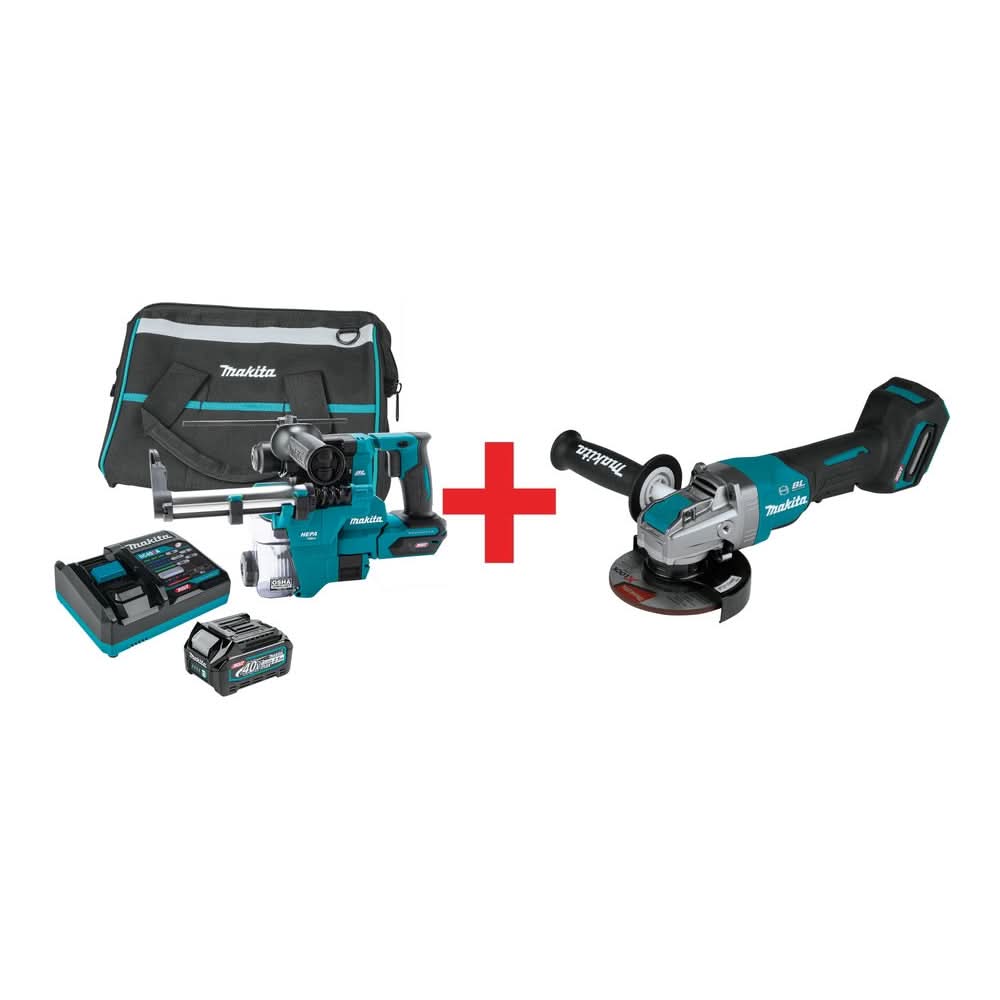 Makita 40V max XGT Brushless Cordless 13/16" SDSPLUS AVT Rotary Hammer Kit w/Dust Extractor, (2.5Ah) plus 5" X-LOCK Paddle Switch Angle Grinder (Bare Tool) - Image 1