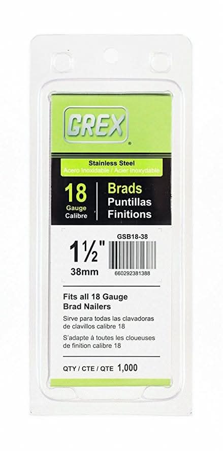 Grex GSB18 18-Gauge 304 Stainless Steel Brad Nails, 1/2" to 2" Lengths, 1000-Pack - Image 1