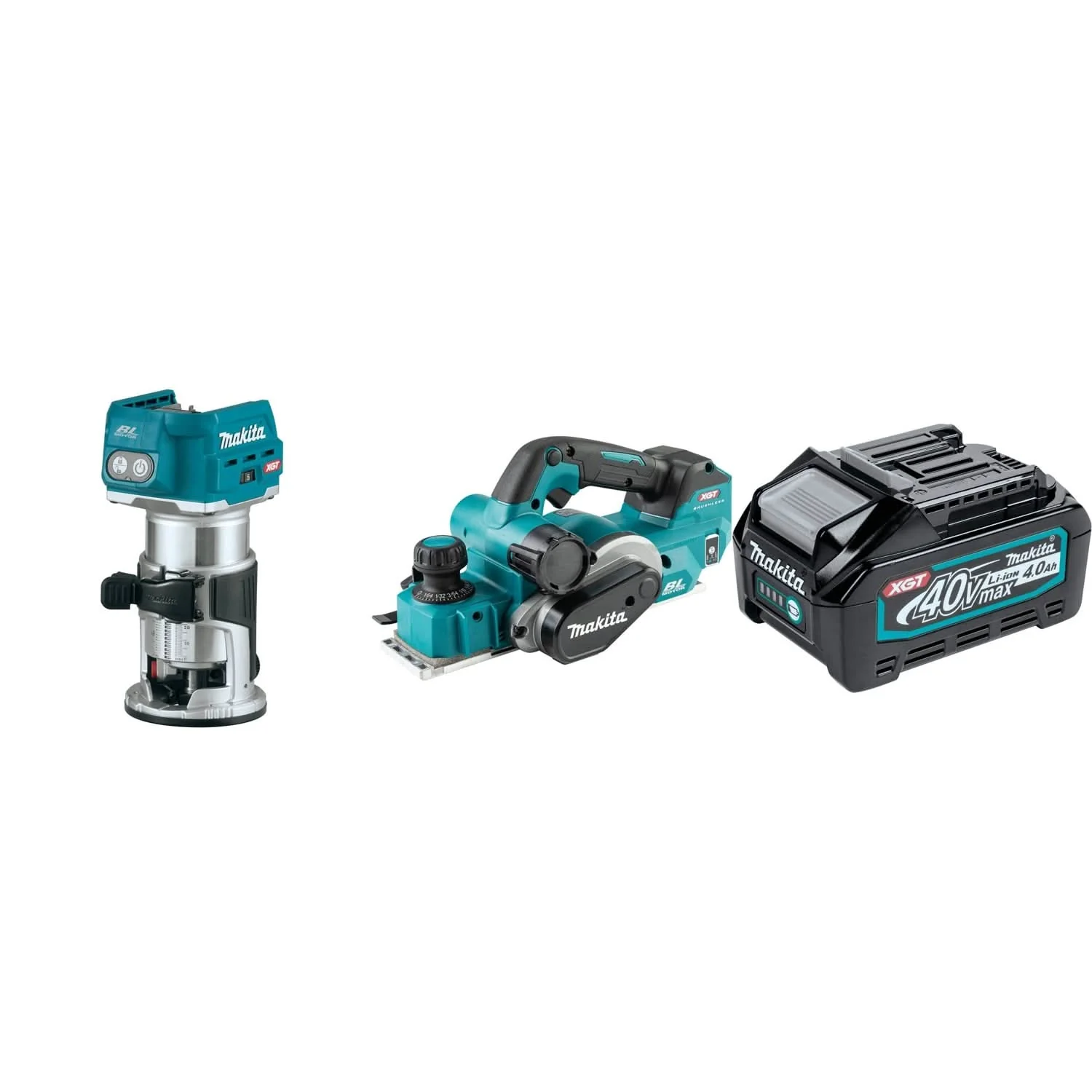 Makita 40V max XGT Brushless Cordless Compact Router, 40V MAX XGT Brushless Cordless 3-1/4" Planer, AWS Capable, and 40V max XGT 4.0Ah Battery - Image 1