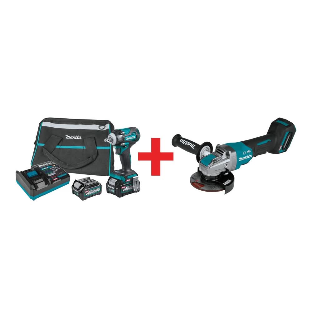 Makita 40V max XGT Brushless Cordless 4-Speed 1/2-Inch Square Drive Impact Wrench 2.5Ah Kit with 5" X-LOCK Paddle Switch Angle Grinder (Bare Tool) - Image 1