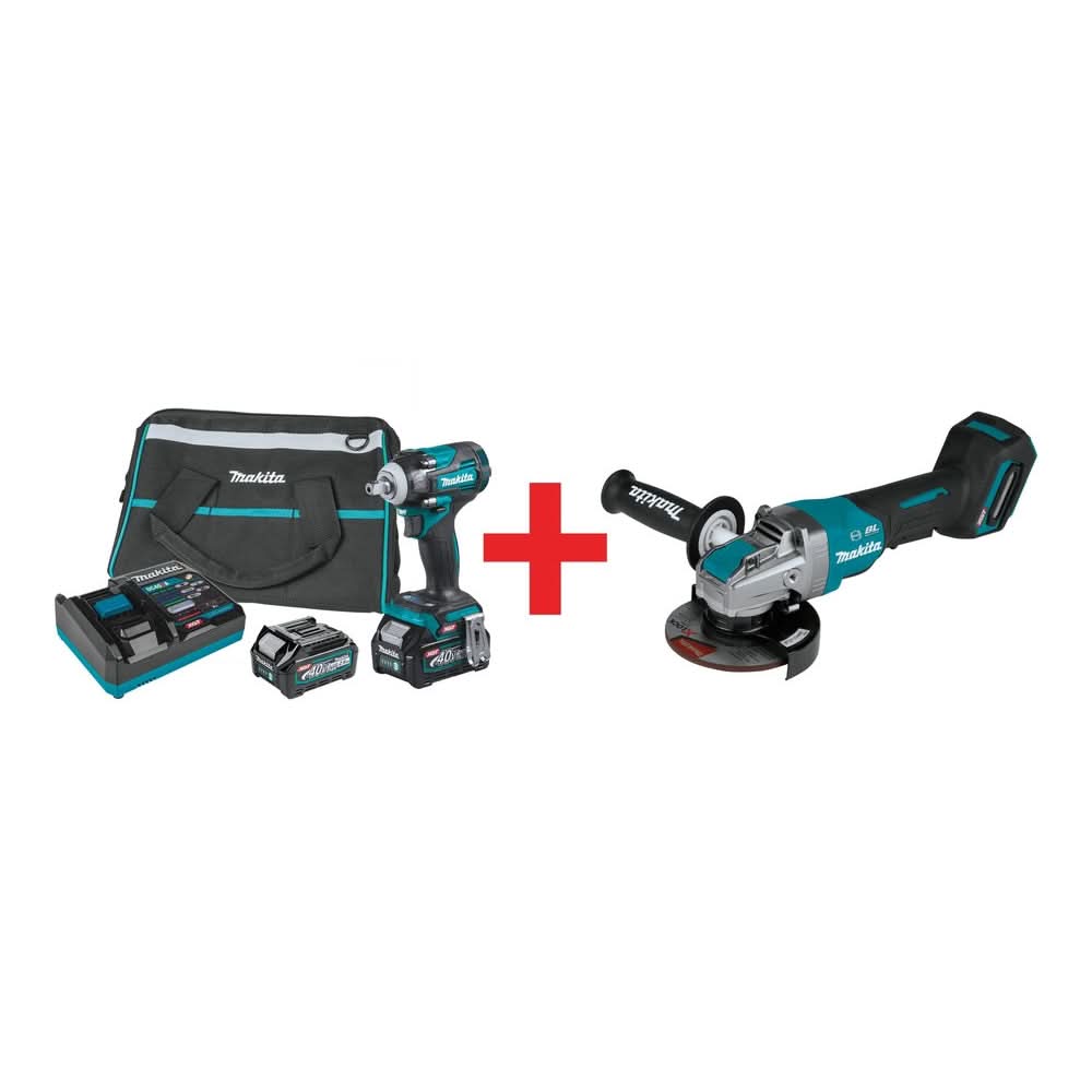 Makita 40V max XGT Brushless Cordless 4-Speed 1/2-Inch Square Drive Impact Wrench 2.5Ah Kit with Detent Anvil, and 5" X-LOCK Paddle Switch Angle Grinder (Bare Tool) - Image 1