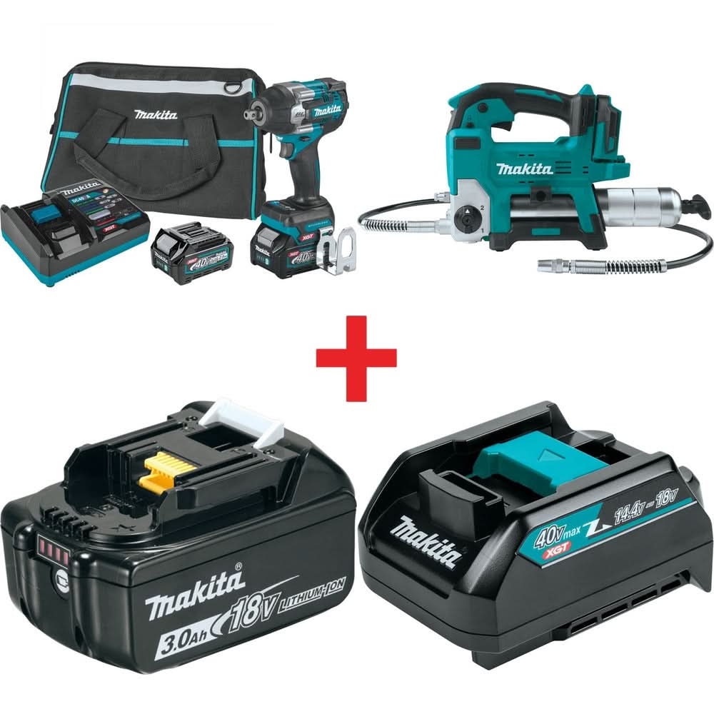 Makita 40V max XGT Brushless 4-Speed Mid-Torque 1/2" Sq. Drive Impact Wrench Kit w/ Detent Anvil (2.5Ah) with 18V LXT Lithium-Ion Grease Gun Kit (3.0Ah) - Image 1