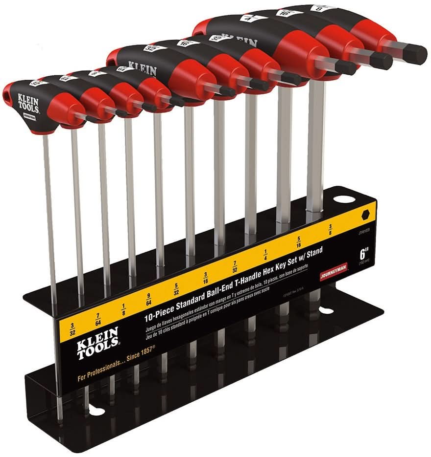 Klein JTH610EB 10-Piece 6″ SAE Ball-End Journeyman T-Handle Set with Stand