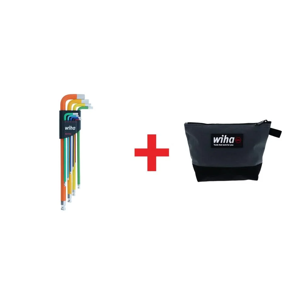 Wiha 9-Piece Ball End Color Coded Metric Hex L-Key Set plus Cordura Multi-Purpose Heavy-Duty Zipper Tool Pouch