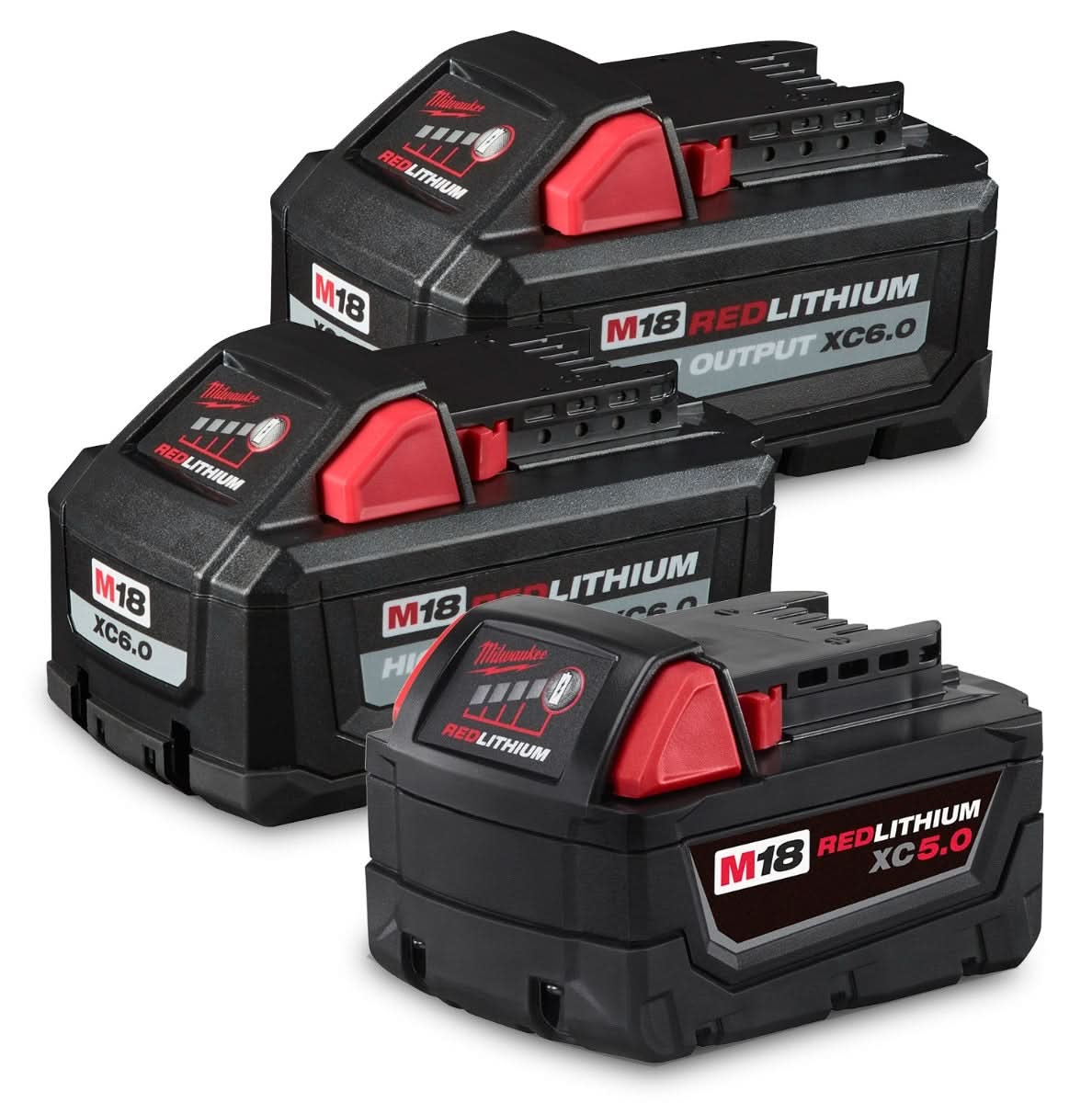 Milwaukee M18 REDLITHIUM HIGH OUTPUT XC 6.0Ah Batteries + Extended Capacity XC 5.0Ah Battery, 3-Pack - Image 1