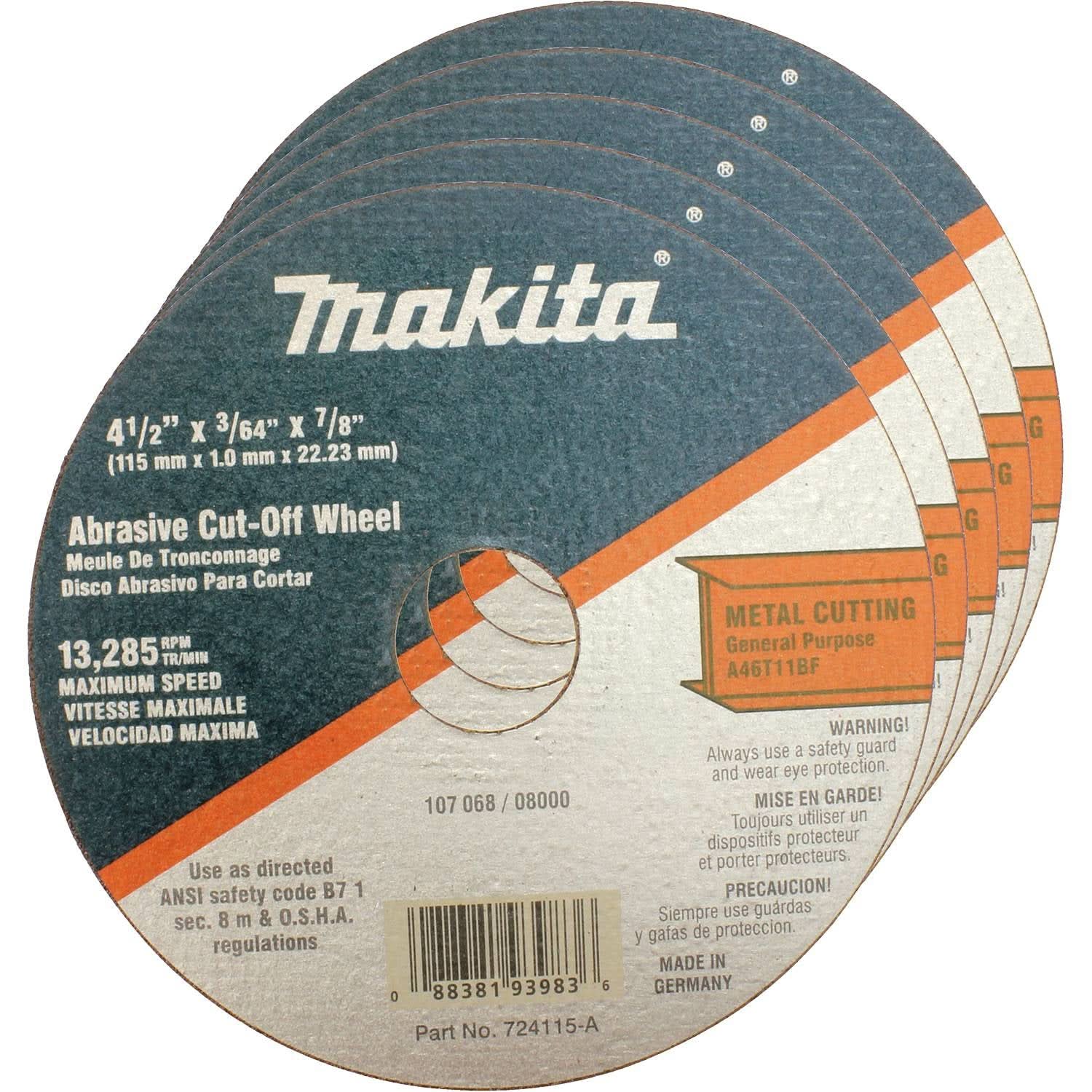 Makita 724115-A-25 4-1/2" x 7/8" x 3/64" Super Thin Cut-off Wheel, Metal, 25/pk - Image 1