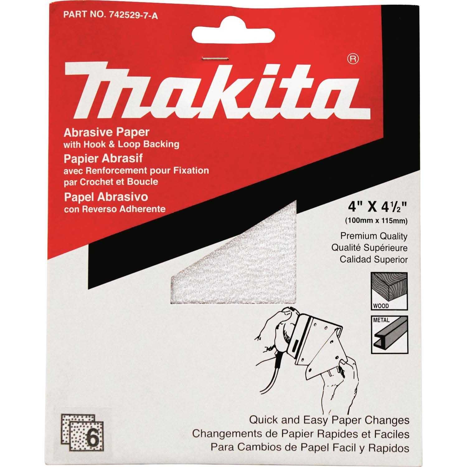 Makita 742529-7-A 4" x 4-1/2" Abrasive Paper, Hook & Loop, 6/pk Assortment - Image 2