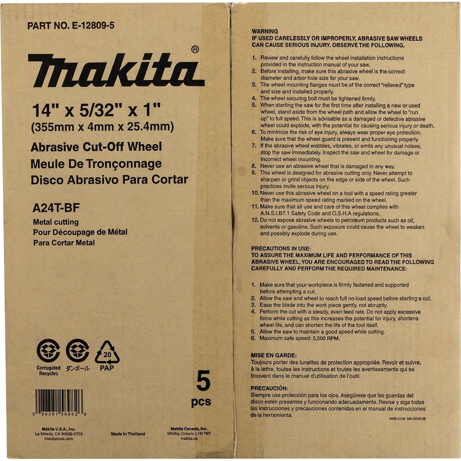 Makita E-12809-5 14" x 5/32" x 1" Abrasive Cut"â€˜Off Wheel, 5/pk - Image 2