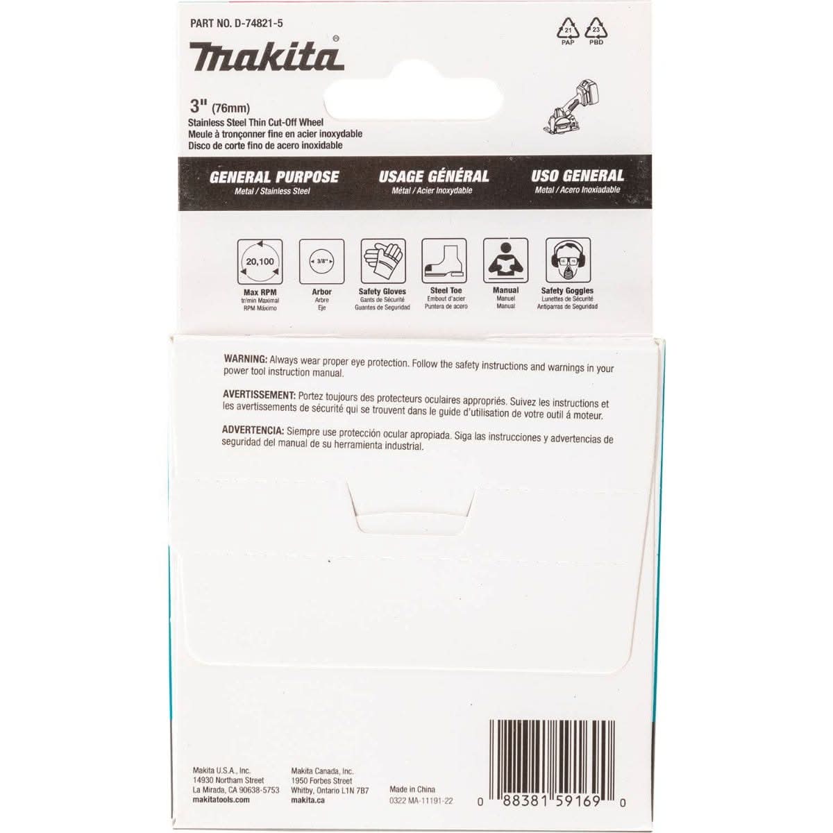 Makita D-74821-5 3" x .040" x 3/8" Type 1 General Purpose 46 Grit Thin Cut"â€˜Off Wheel for Metal and Stainless Steel Cutting, 5/pk - Image 3