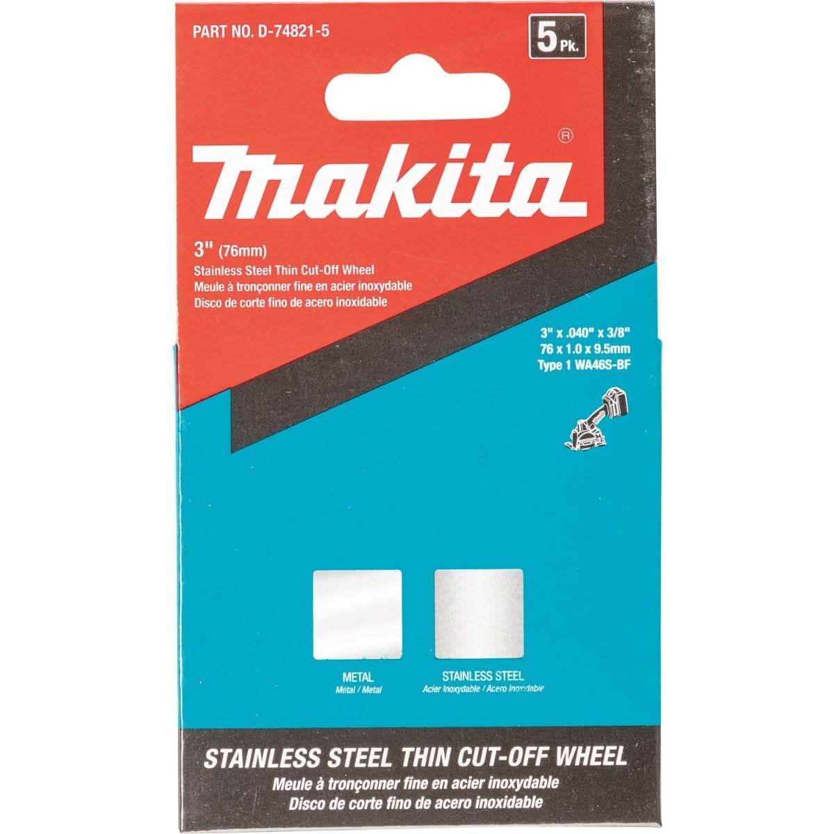Makita D-74821-5 3" x .040" x 3/8" Type 1 General Purpose 46 Grit Thin Cut"â€˜Off Wheel for Metal and Stainless Steel Cutting, 5/pk - Image 2