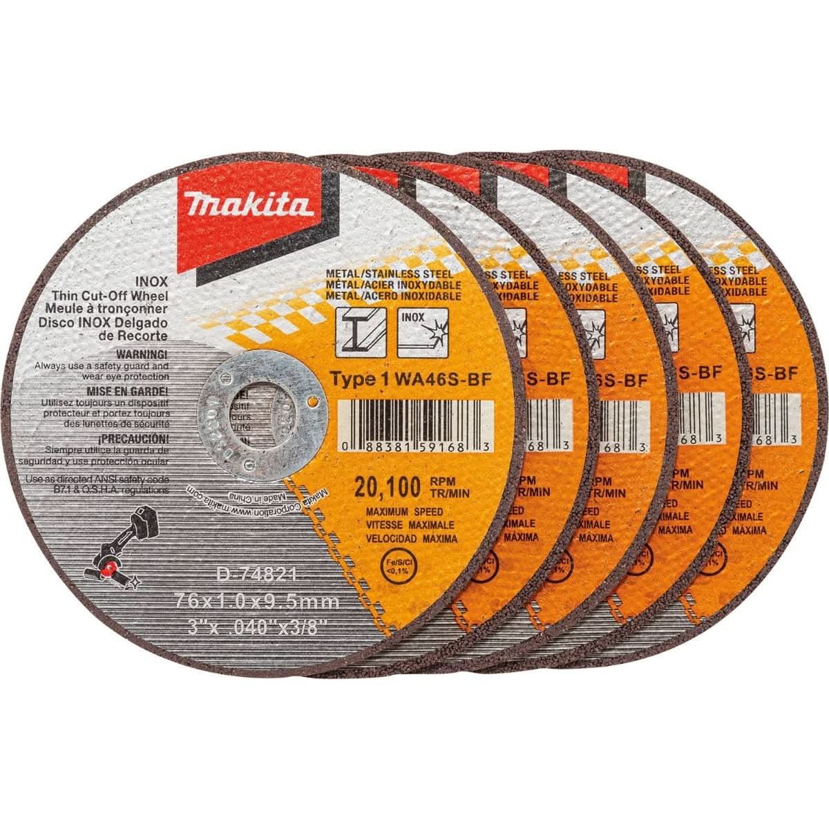 Makita D-74821-5 3″ x .040″ x 3/8″ Type 1 General Purpose 46 Grit Thin Cut”â€˜Off Wheel for Metal and Stainless Steel Cutting, 5/pk