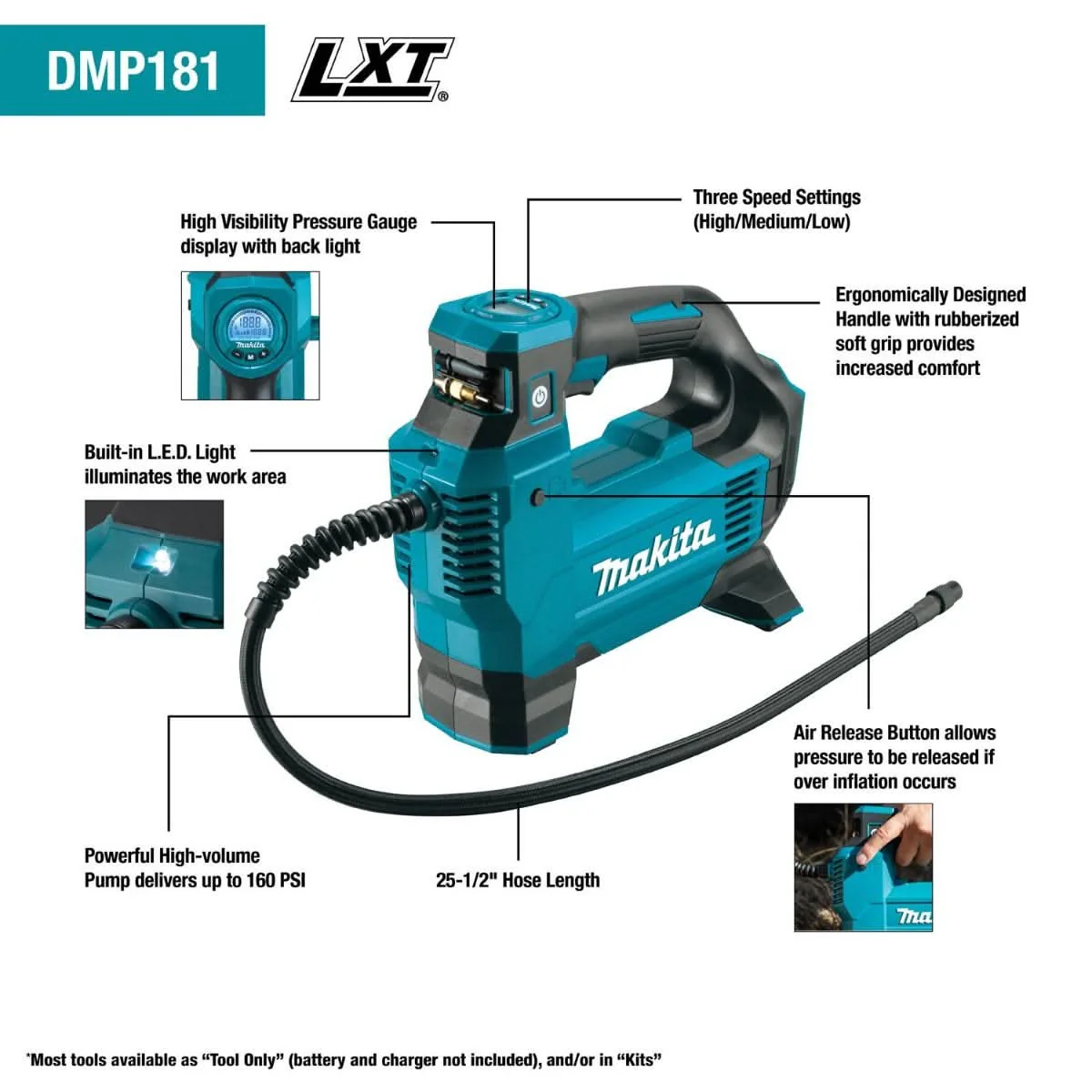 Makita DMP181ZX 18V LXT Lithium-Ion Cordless High-Pressure Inflator, Tool Only - Image 2