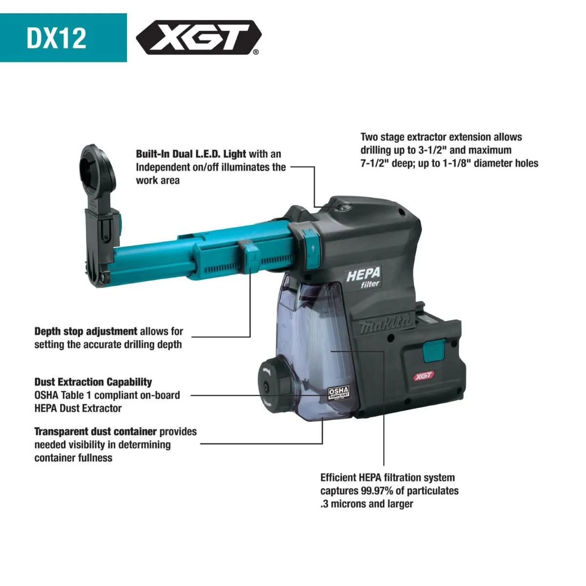 Makita DX12 Dust Extractor Attachment with HEPA Filter Cleaning Mechanism - Image 2