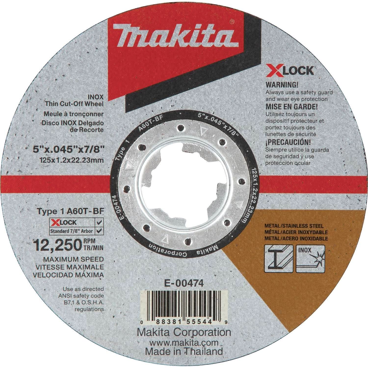 Makita E-00474 X-LOCK 5" x .045" x 7/8" Type 1 General Purpose 60 Grit Thin Cut"â€˜Off Wheel for Metal and Stainless Steel Cutting - Image 1