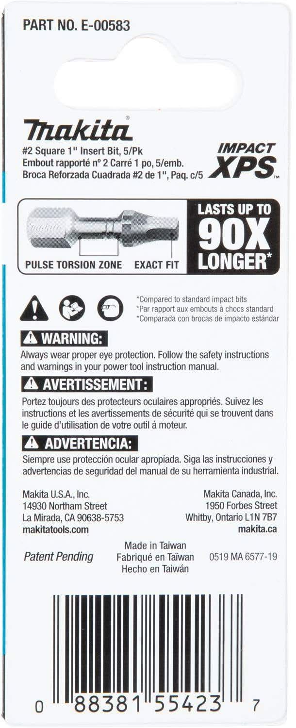 Makita E-00583 Impact XPS #2 Square 1" Insert Bit, 5/pk - Image 3