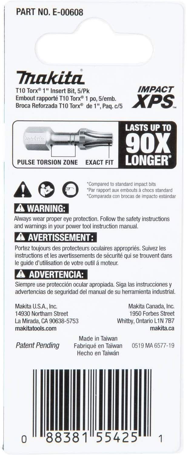 Makita E-00608 Impact XPS T10 Torx 1" Insert Bit, 5/pk - Image 3