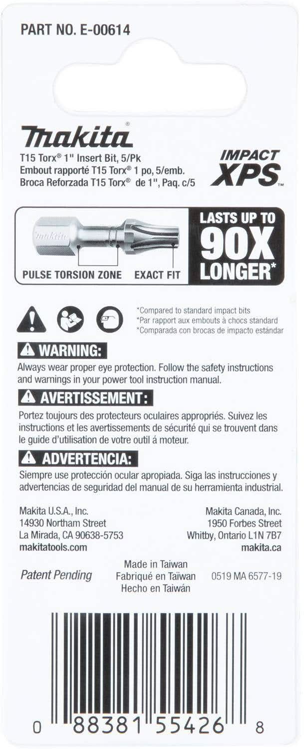 Makita E-00614 Impact XPS T15 Torx 1" Insert Bit, 5/pk - Image 3
