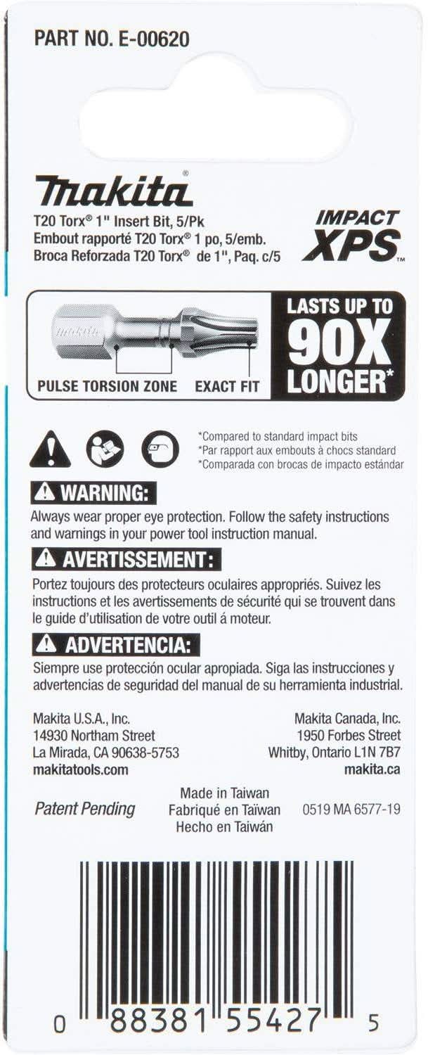 Makita E-00620 Impact XPS T20 Torx 1" Insert Bit, 5/pk - Image 3