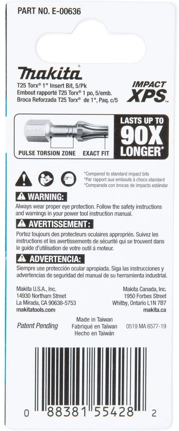 Makita E-00636 Impact XPS T25 Torx 1" Insert Bit, 5/pk - Image 3
